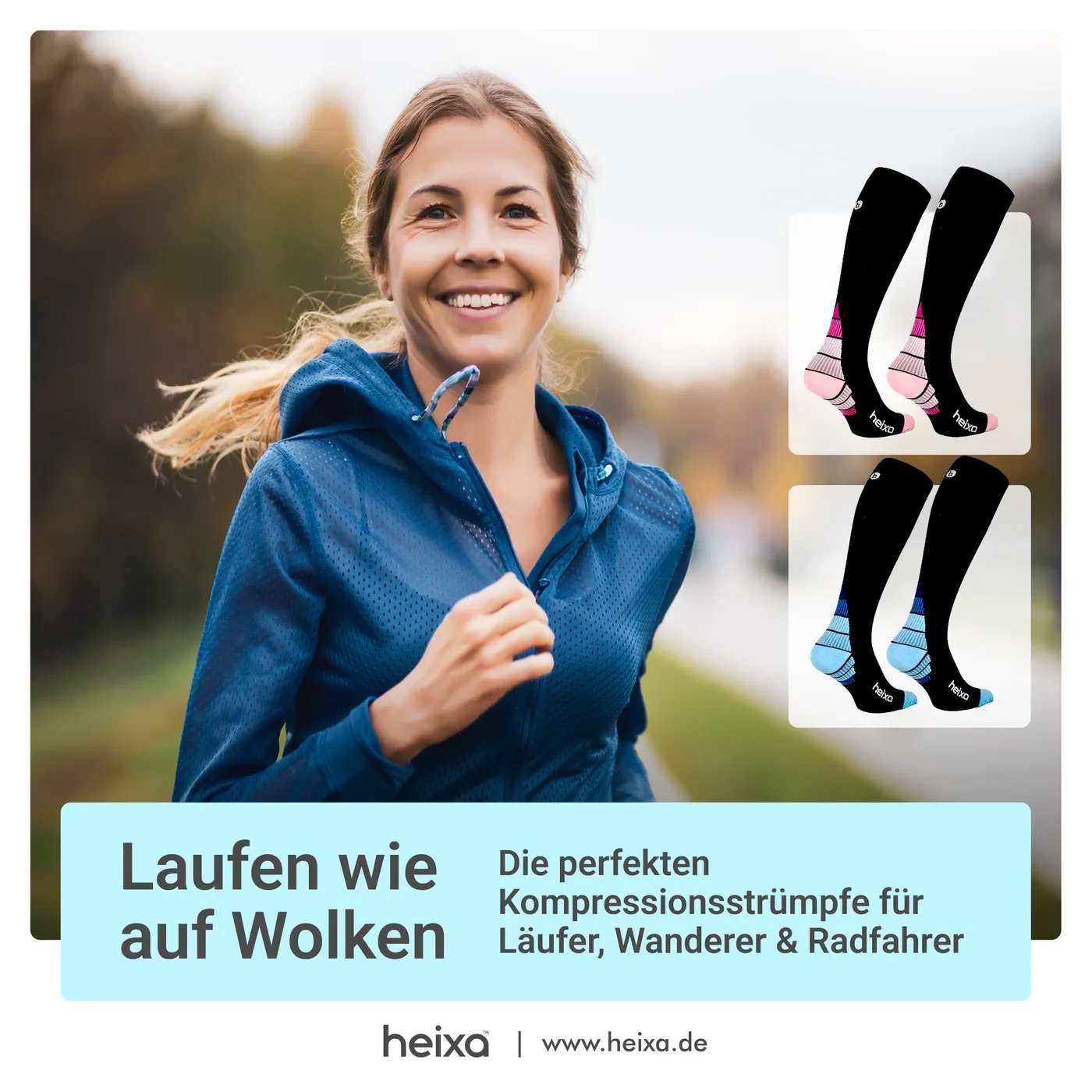 Werbeanzeige für heixa Kompressionsstrümpfe: joggende Frau mit Produktabbildungen der Strümpfe, Slogan „Laufen wie auf Wolken“