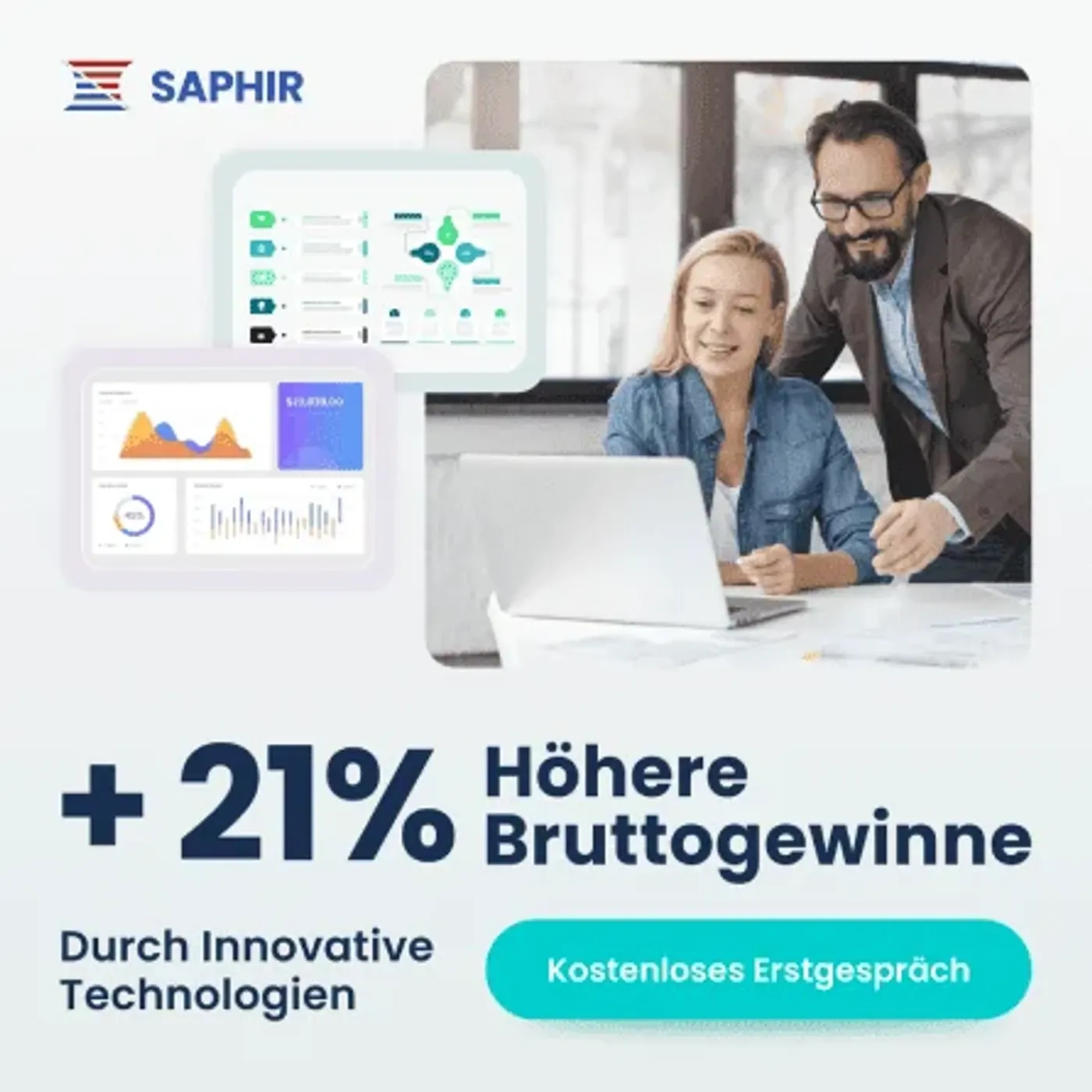 Werbeanzeige „Finde mit der kostenlosen GEO-Analyse...“ mit Chatbot-Roboter-Motiv