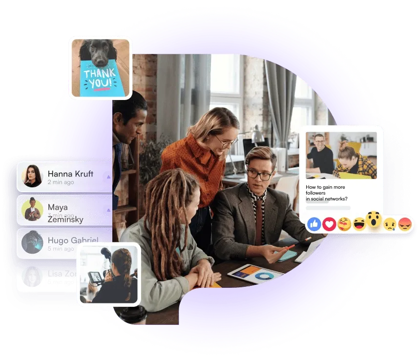 Das PlusPublish-Team bei der Arbeit, umgeben von Social-Media-Benachrichtigungen und Reaktionen