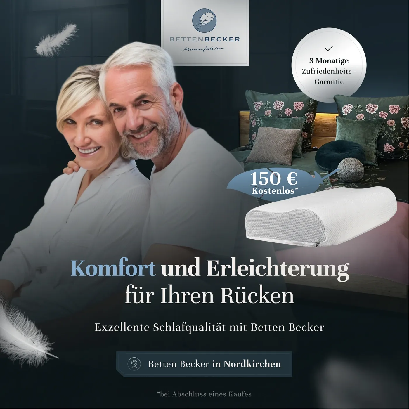 Werbeanzeige für Betten Becker: Komfort und Erleichterung für den Rücken, mit lächelndem Paar im Schlafzimmer