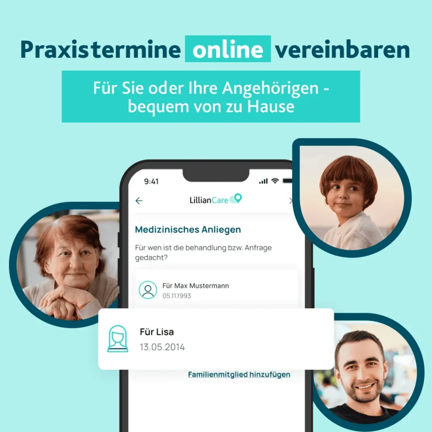 Werbeanzeige für LillianCare: Praxistermine online vereinbaren, mit Smartphone-App-Mockup und Familienportraits
