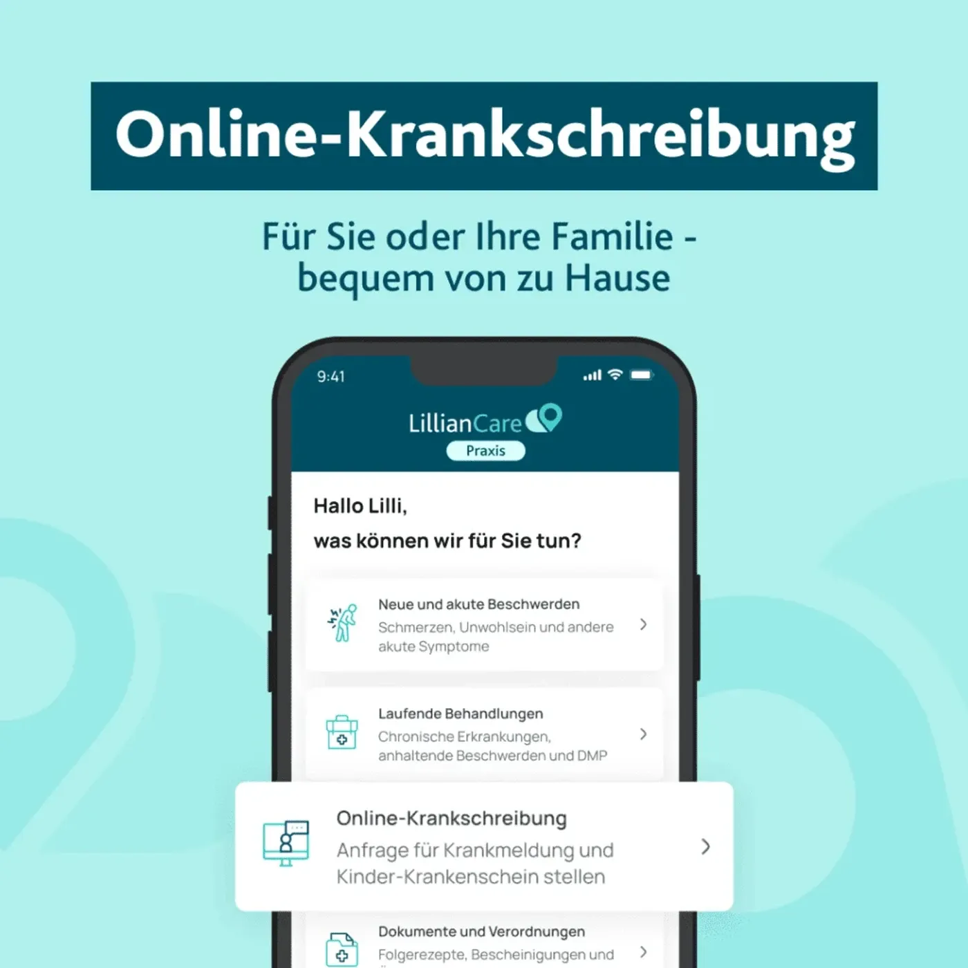 Werbeanzeige für LillianCare: Online-Krankschreibung bequem von zu Hause, mit App-Mockup auf dem Smartphone