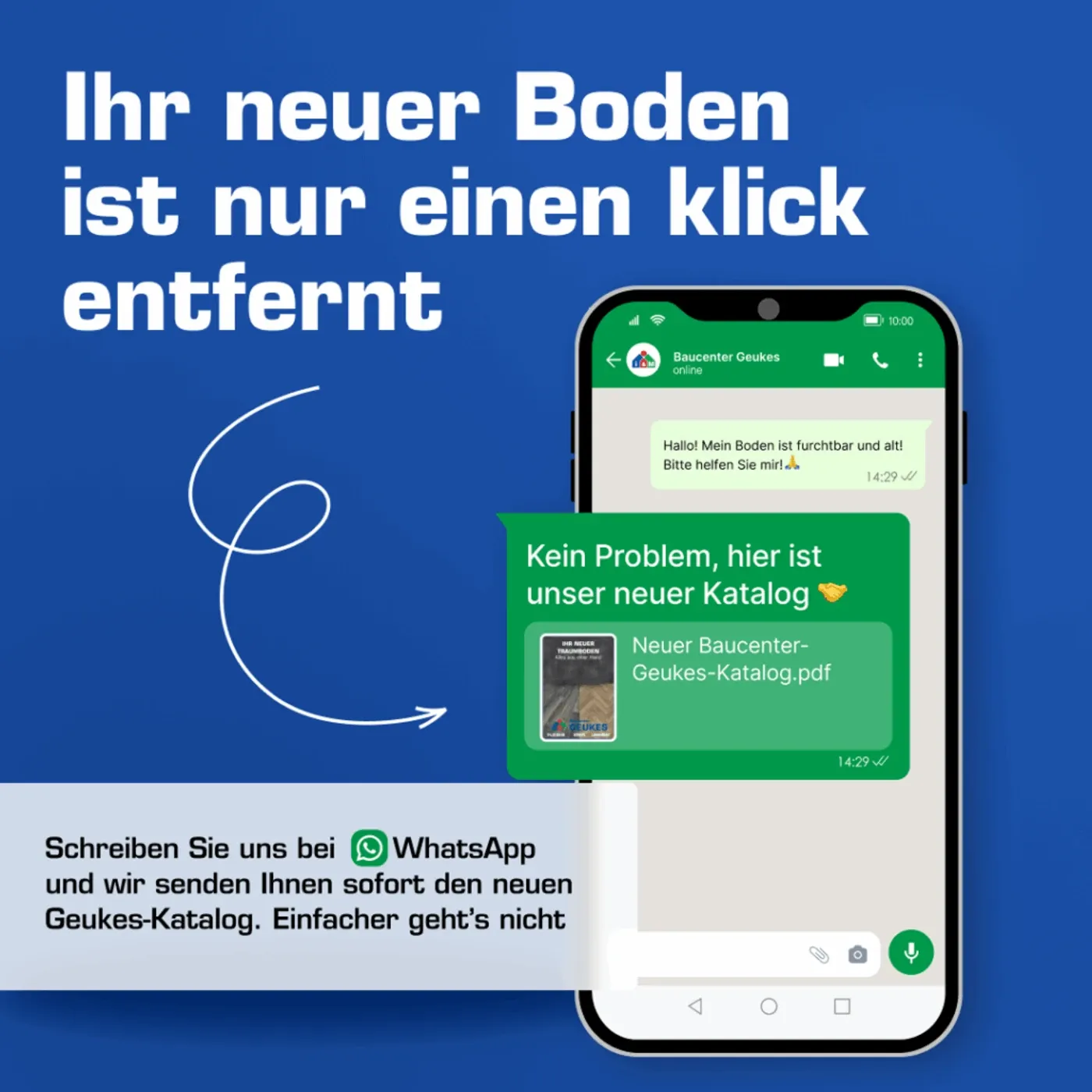 Werbeanzeige des Baucenters Geukes: neuer Bodenkatalog direkt per WhatsApp anfordern