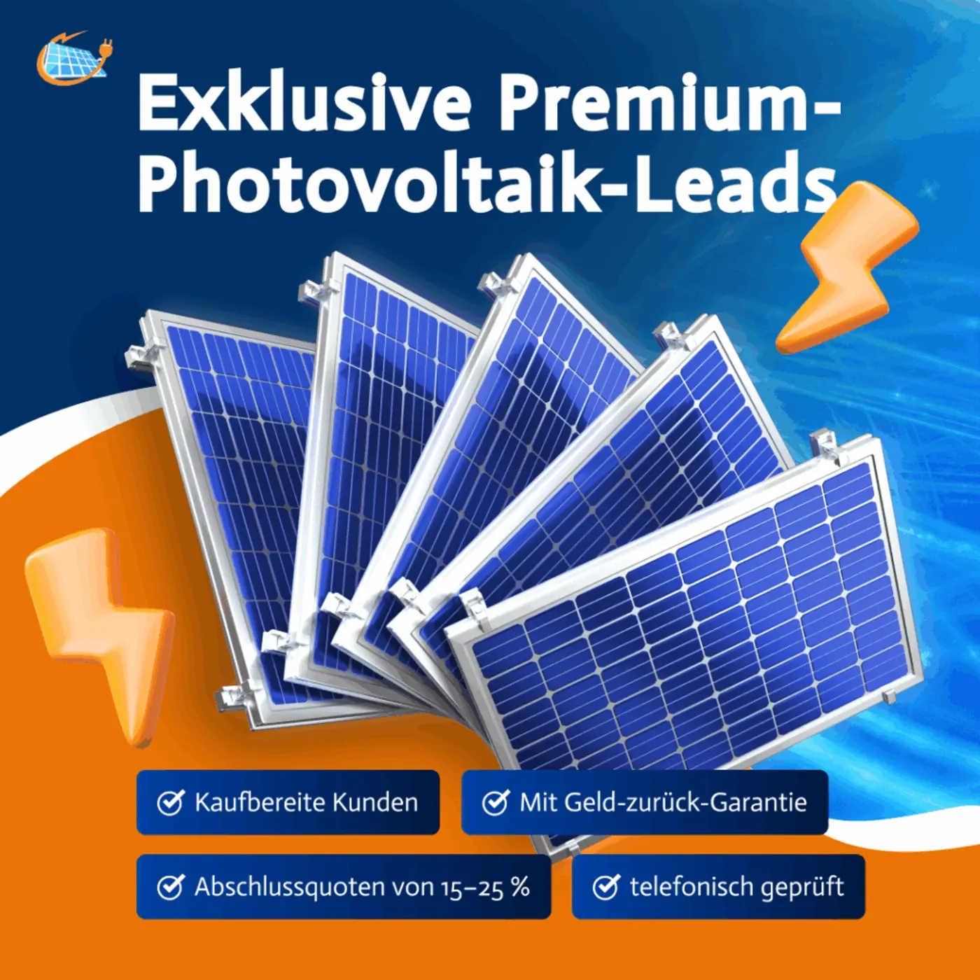 Werbeanzeige mit exklusiven Premium-Photovoltaik-Leads, fächerförmig angeordnete Solarmodule