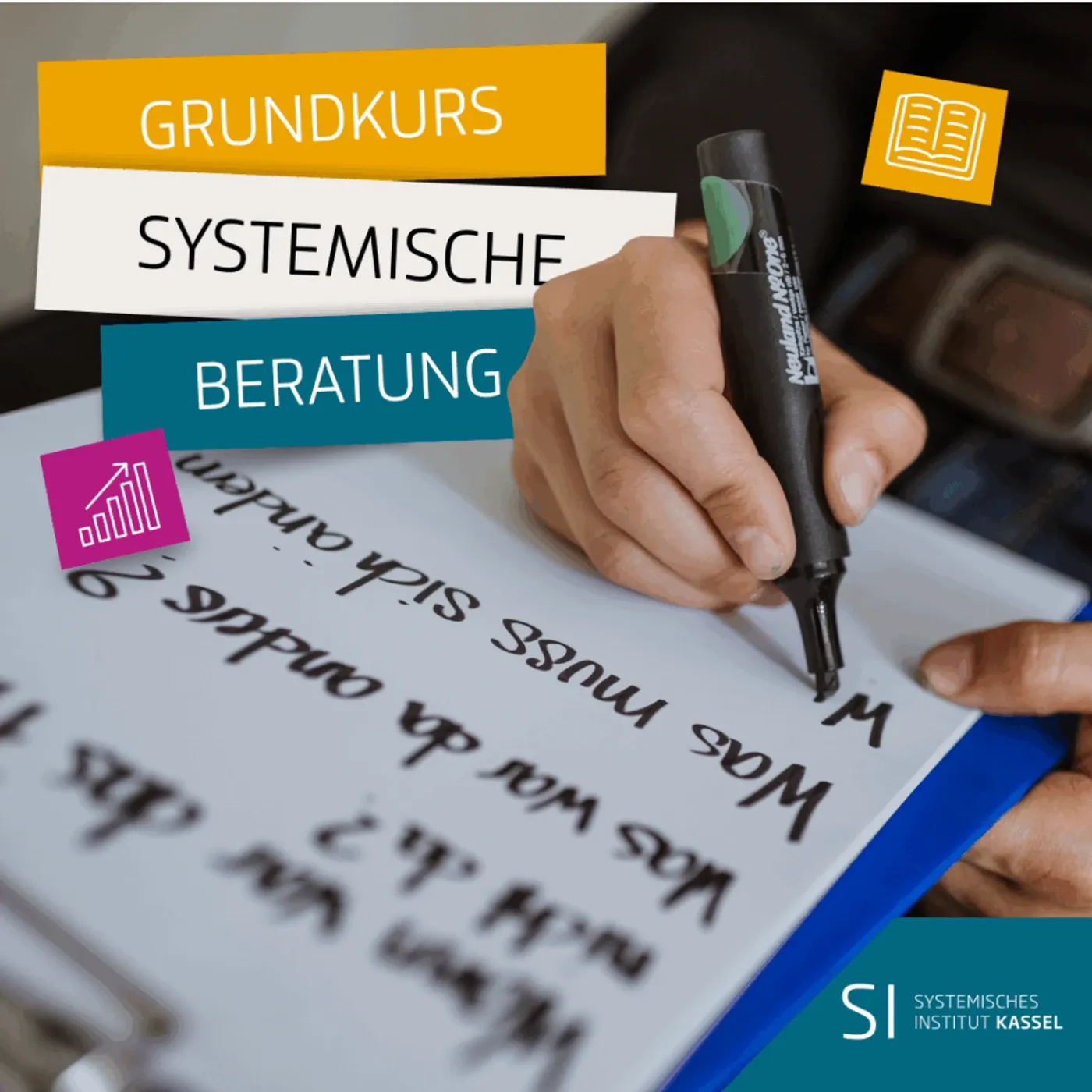 Werbeanzeige des Systemischen Instituts Kassel: Grundkurs Systemische Beratung, mit handschriftlichen Notizen auf Flipchart