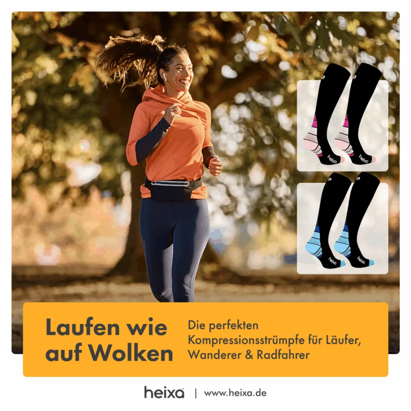 Werbeanzeige für heixa Kompressionsstrümpfe: joggende Frau im Park mit Produktabbildungen der Strümpfe