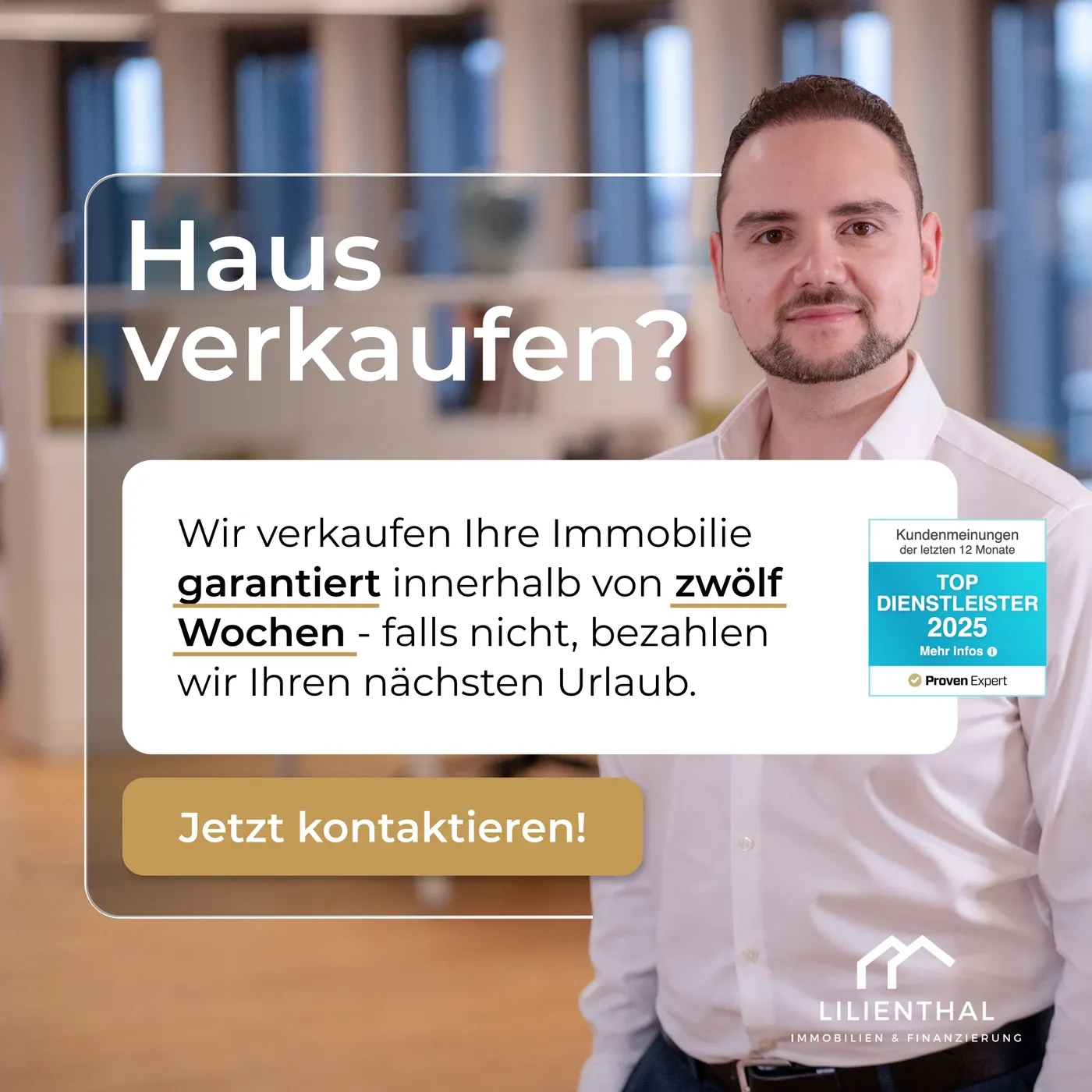 Werbeanzeige für FAIRKAUFT.immo: Hausverkauf garantiert in zwölf Wochen, mit Foto eines Immobilienmaklers